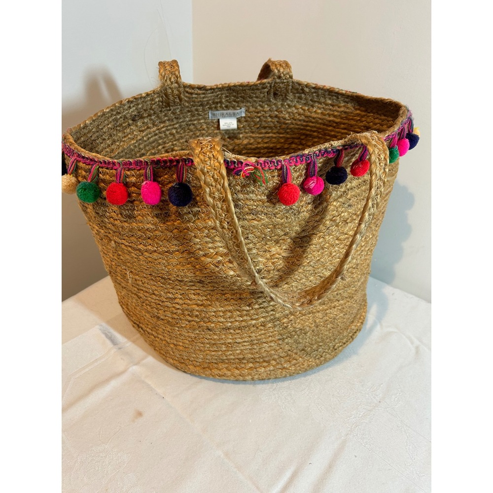 Shiraleah Chicago Jute Tote Bag with Colorful Pom Pom Trim Accent